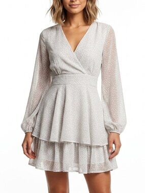 Japna Coquette Cream Leopard Print Faux Wrap Tiered Mini Dress Long Sleeve Sz S